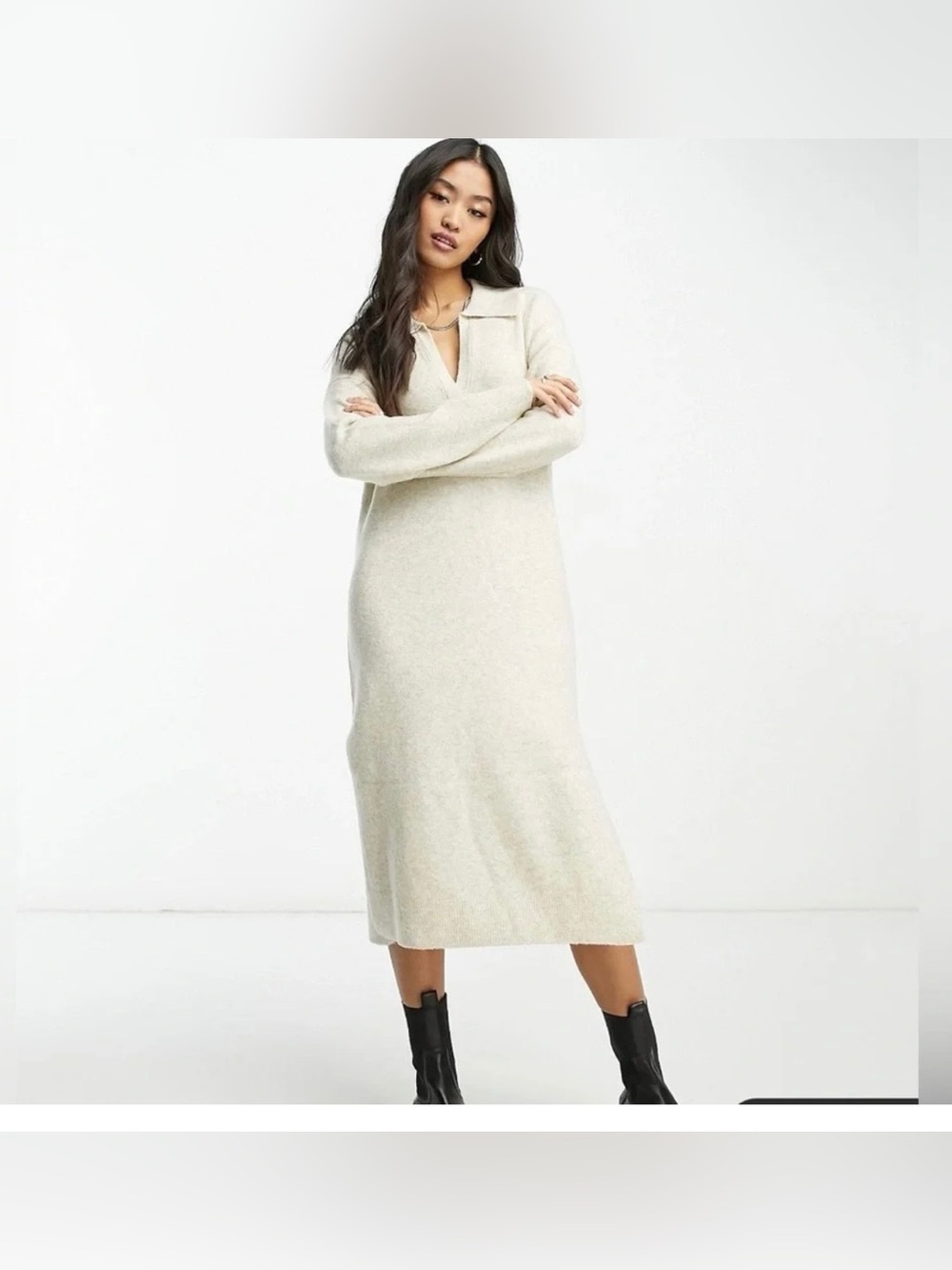 Abercrombie & Fitch Polo Long Sleeve Midi Elegant Cream Knit Sweater Dress